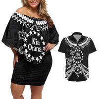 Kia Orana Cook Islands Couples Matching Off Shoulder Short Dress and Hawaiian Shirt 2025 Pasifika Polynesian Turtle Black Color