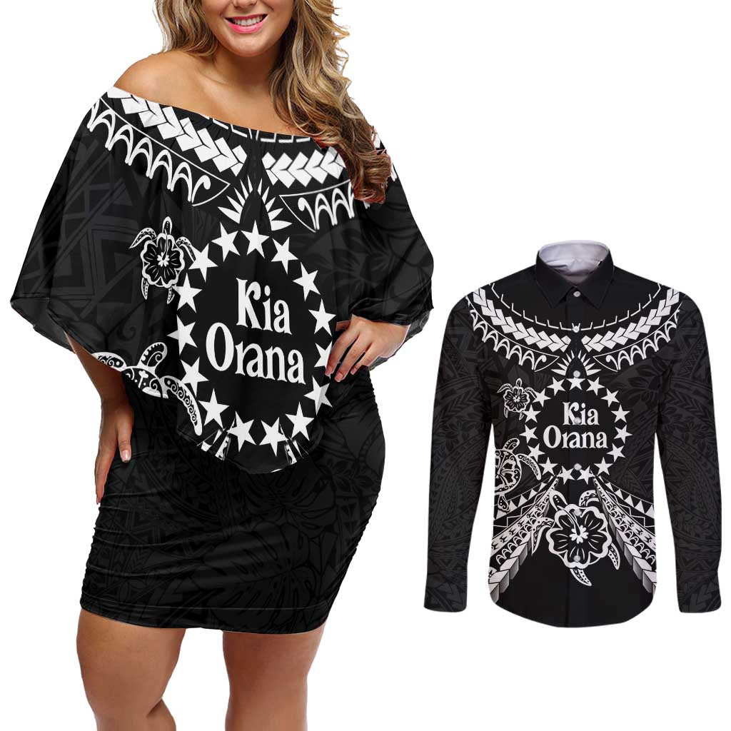 Kia Orana Cook Islands Couples Matching Off Shoulder Short Dress and Long Sleeve Button Shirt 2025 Pasifika Polynesian Turtle Black Color