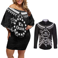 Kia Orana Cook Islands Couples Matching Off Shoulder Short Dress and Long Sleeve Button Shirt 2025 Pasifika Polynesian Turtle Black Color