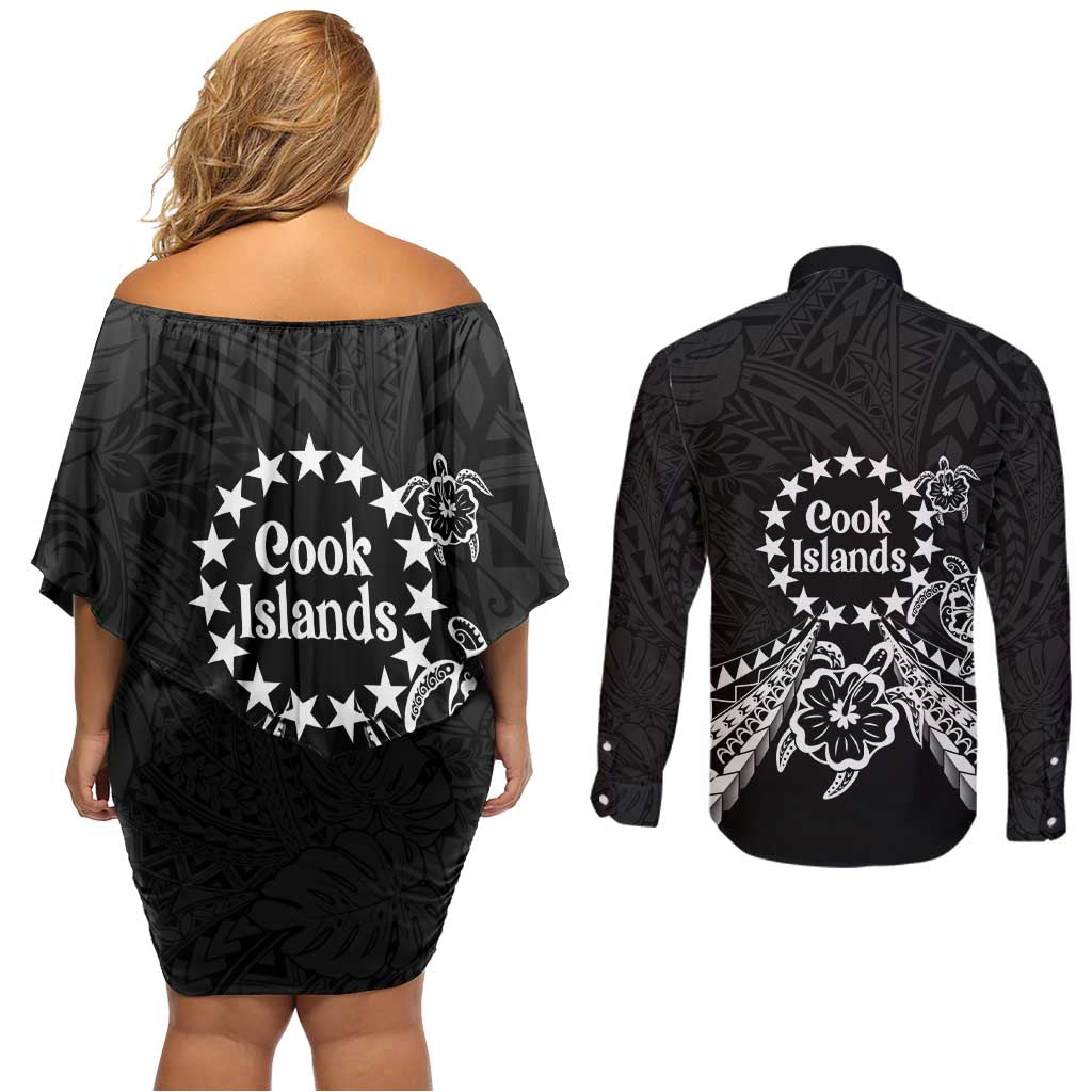 Kia Orana Cook Islands Couples Matching Off Shoulder Short Dress and Long Sleeve Button Shirt 2025 Pasifika Polynesian Turtle Black Color