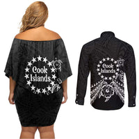 Kia Orana Cook Islands Couples Matching Off Shoulder Short Dress and Long Sleeve Button Shirt 2025 Pasifika Polynesian Turtle Black Color