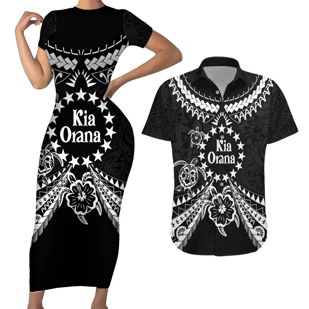 Kia Orana Cook Islands Couples Matching Short Sleeve Bodycon Dress and Hawaiian Shirt 2025 Pasifika Polynesian Turtle Black Color