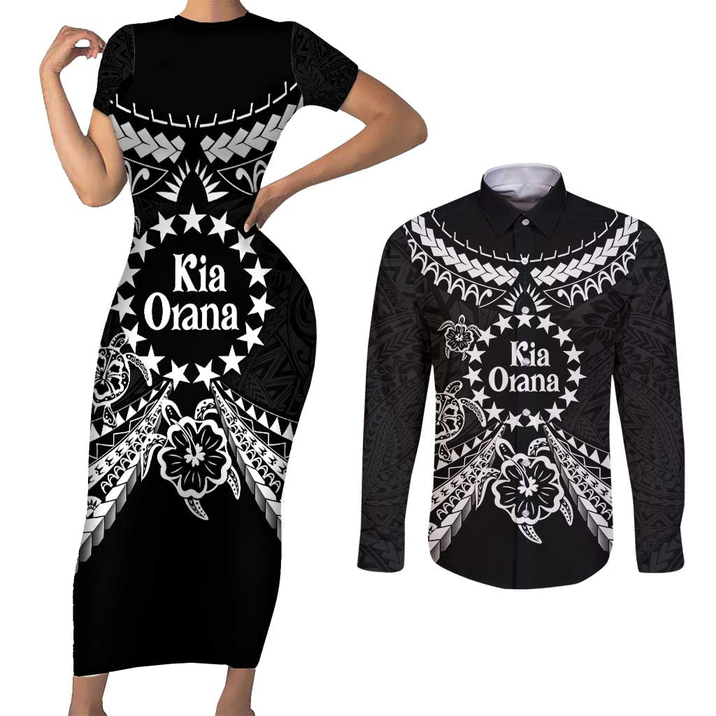 Kia Orana Cook Islands Couples Matching Short Sleeve Bodycon Dress and Long Sleeve Button Shirt 2025 Pasifika Polynesian Turtle Black Color