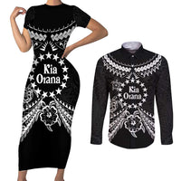 Kia Orana Cook Islands Couples Matching Short Sleeve Bodycon Dress and Long Sleeve Button Shirt 2025 Pasifika Polynesian Turtle Black Color
