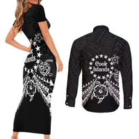 Kia Orana Cook Islands Couples Matching Short Sleeve Bodycon Dress and Long Sleeve Button Shirt 2025 Pasifika Polynesian Turtle Black Color