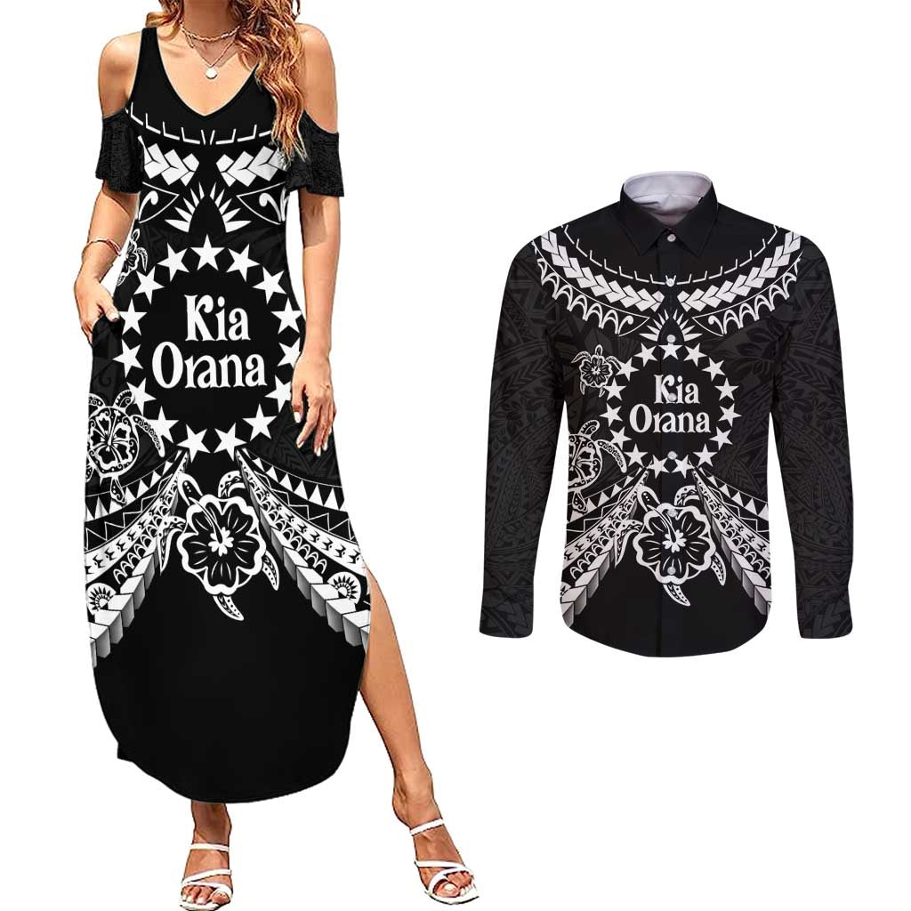 Kia Orana Cook Islands Couples Matching Summer Maxi Dress and Long Sleeve Button Shirt 2025 Pasifika Polynesian Turtle Black Color