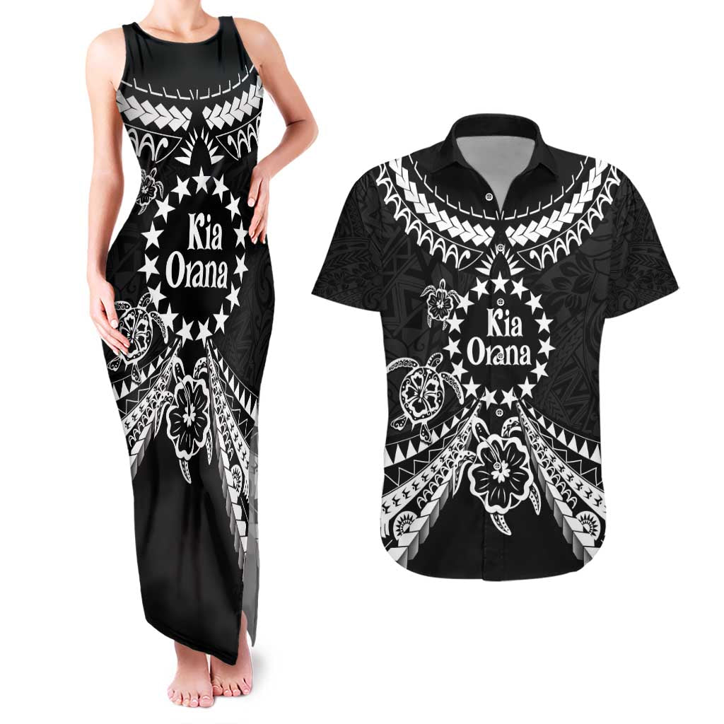 Kia Orana Cook Islands Couples Matching Tank Maxi Dress and Hawaiian Shirt 2025 Pasifika Polynesian Turtle Black Color