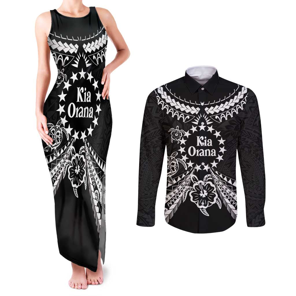 Kia Orana Cook Islands Couples Matching Tank Maxi Dress and Long Sleeve Button Shirt 2025 Pasifika Polynesian Turtle Black Color