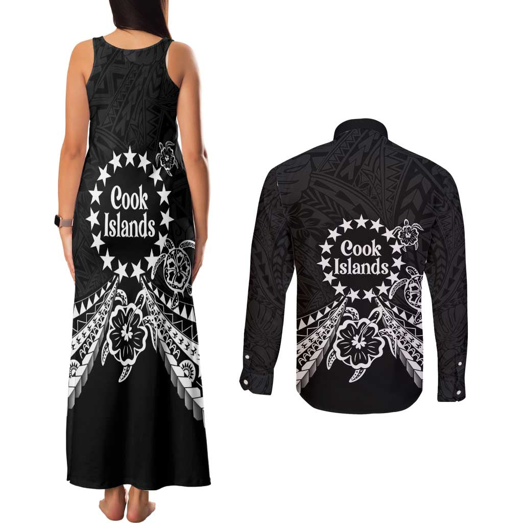 Kia Orana Cook Islands Couples Matching Tank Maxi Dress and Long Sleeve Button Shirt 2025 Pasifika Polynesian Turtle Black Color