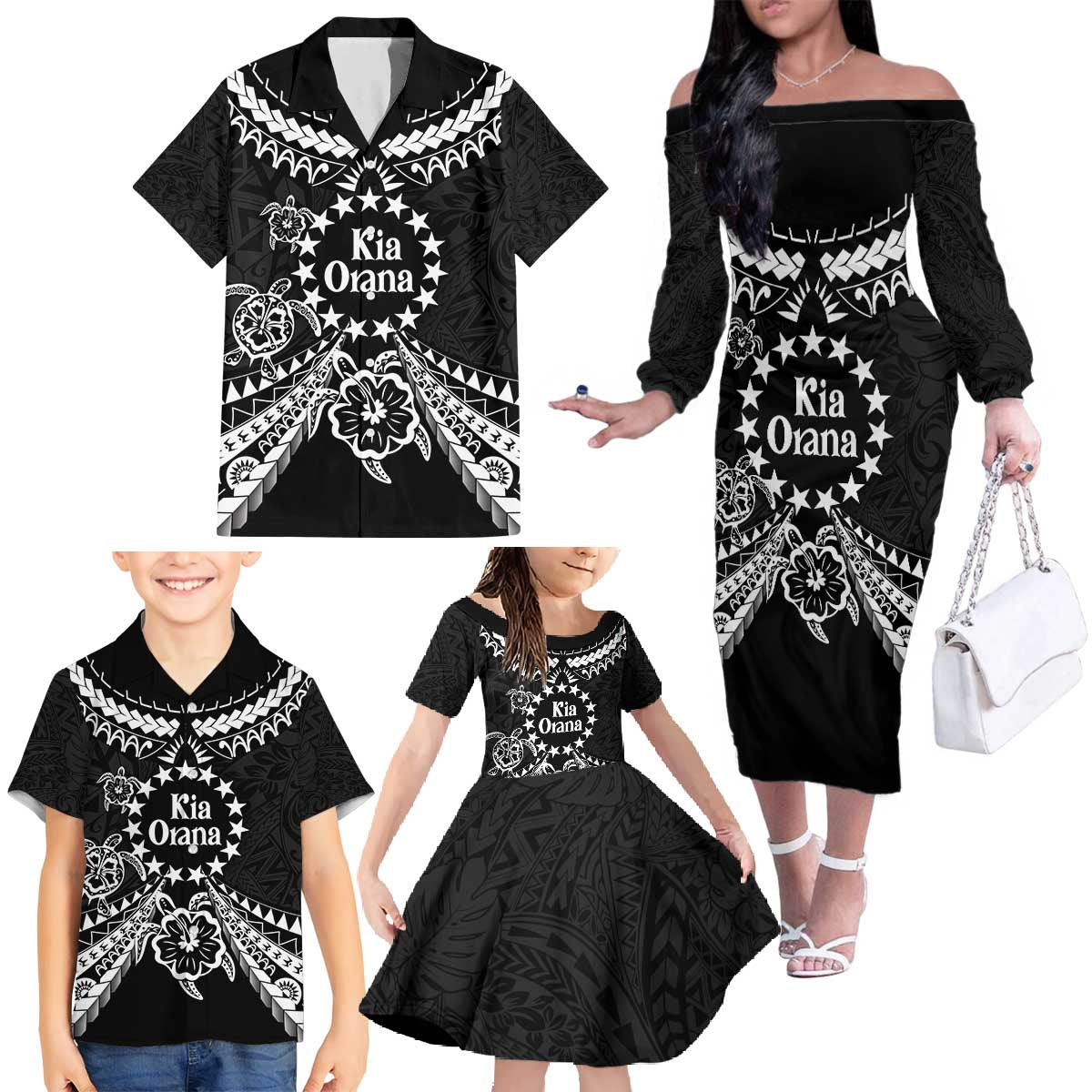 Kia Orana Cook Islands Family Matching Off The Shoulder Long Sleeve Dress and Hawaiian Shirt 2025 Pasifika Polynesian Turtle Black Color