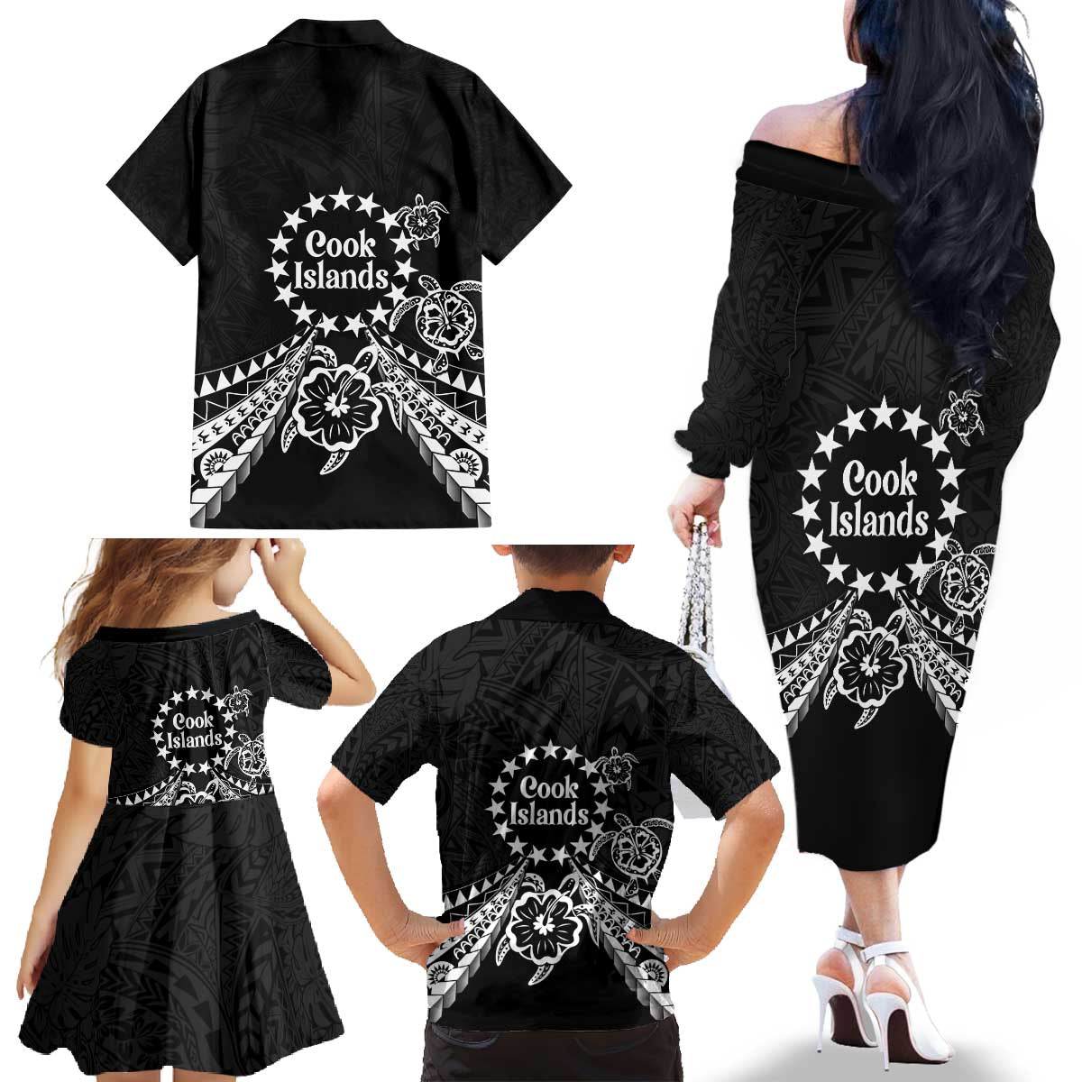 Kia Orana Cook Islands Family Matching Off The Shoulder Long Sleeve Dress and Hawaiian Shirt 2025 Pasifika Polynesian Turtle Black Color