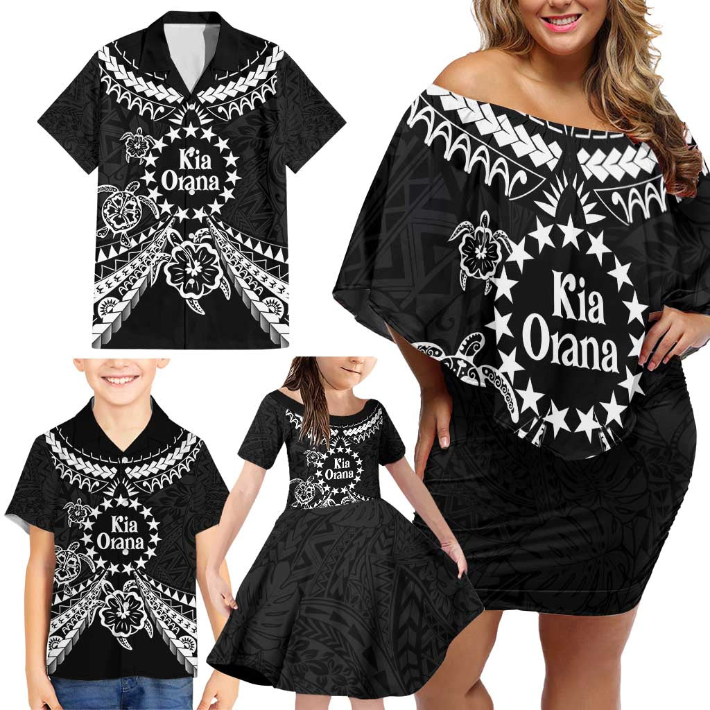 Kia Orana Cook Islands Family Matching Off Shoulder Short Dress and Hawaiian Shirt 2025 Pasifika Polynesian Turtle Black Color
