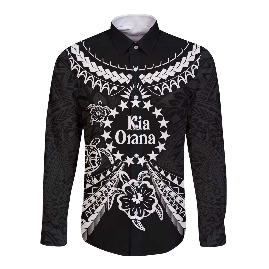 Kia Orana Cook Islands Long Sleeve Button Shirt 2025 Pasifika Polynesian Turtle Black Color