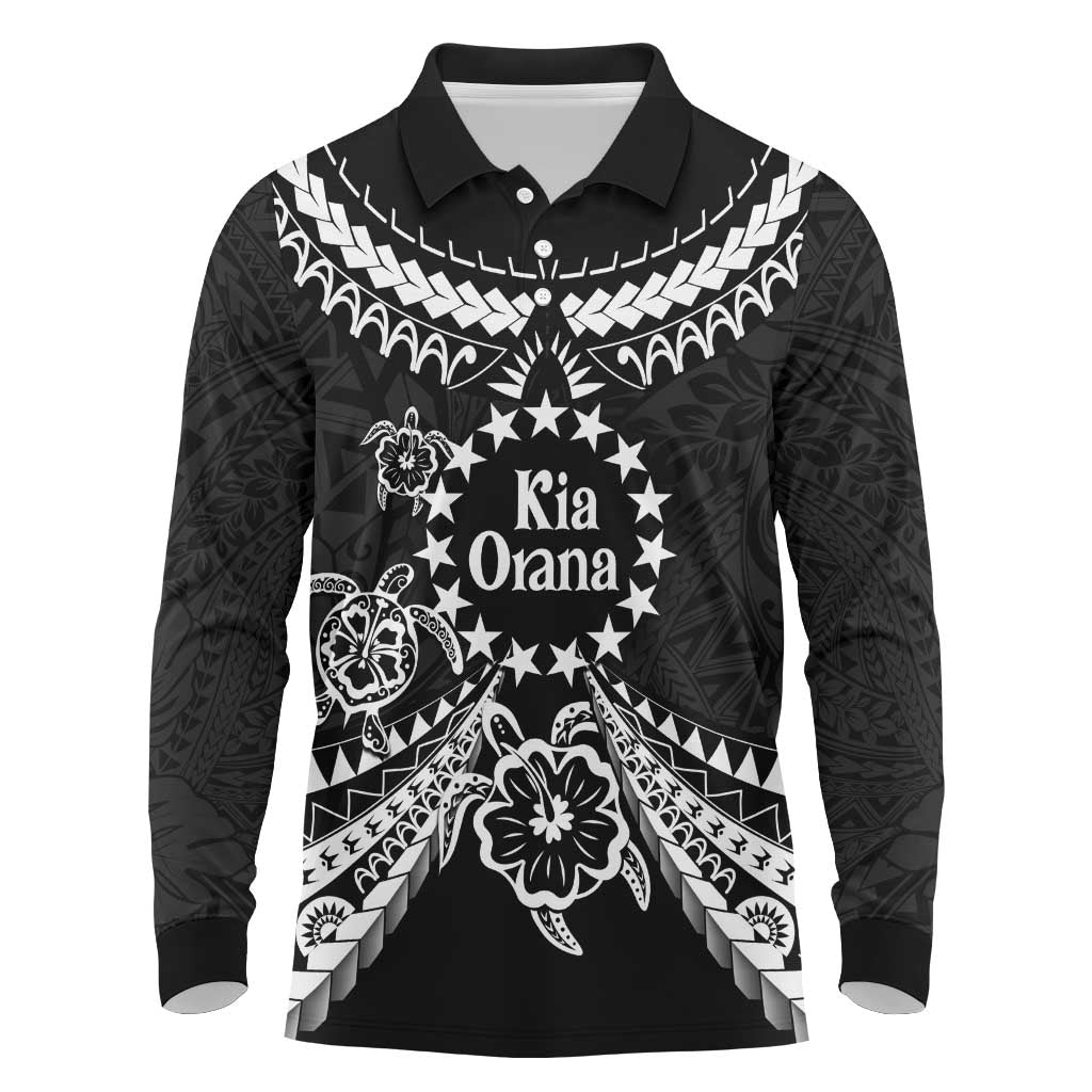 Kia Orana Cook Islands Long Sleeve Polo Shirt 2025 Pasifika Polynesian Turtle Black Color