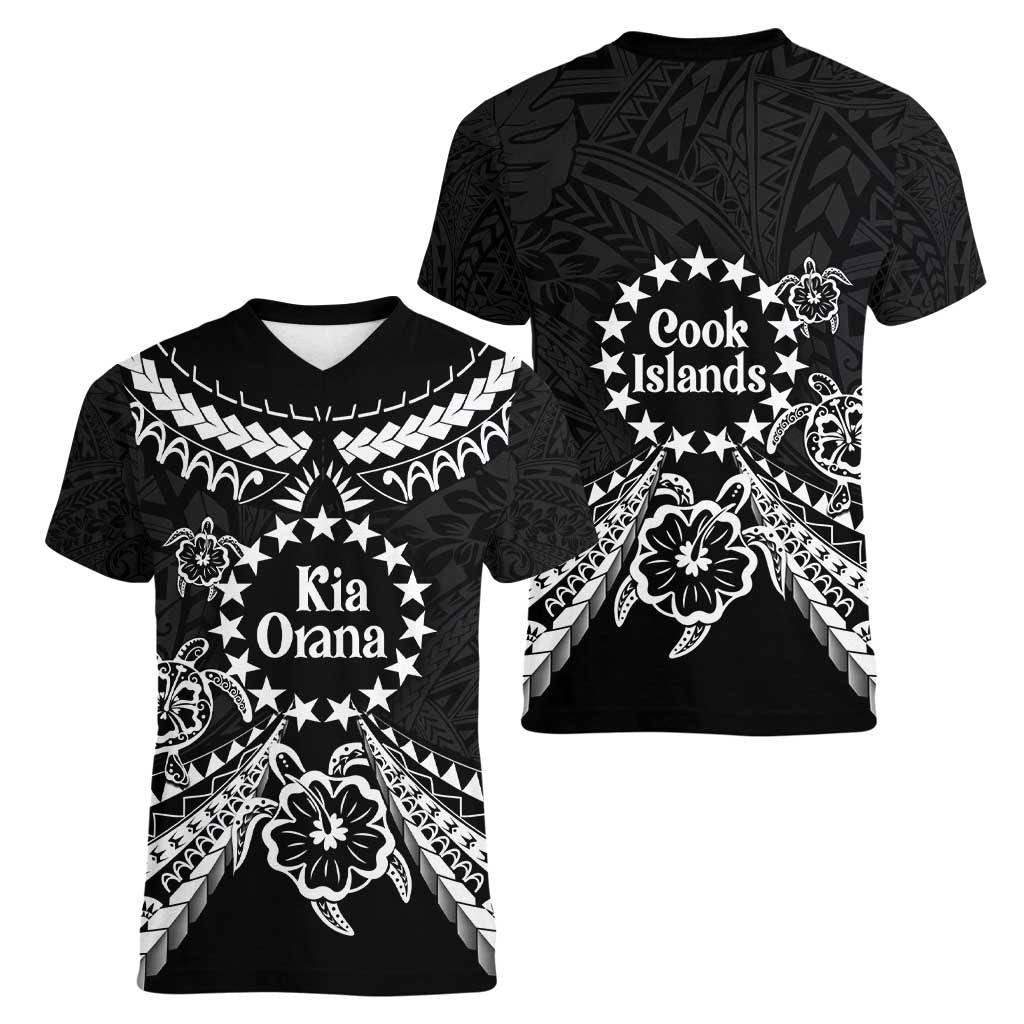 Kia Orana Cook Islands Women V-Neck T-Shirt 2025 Pasifika Polynesian Turtle Black Color