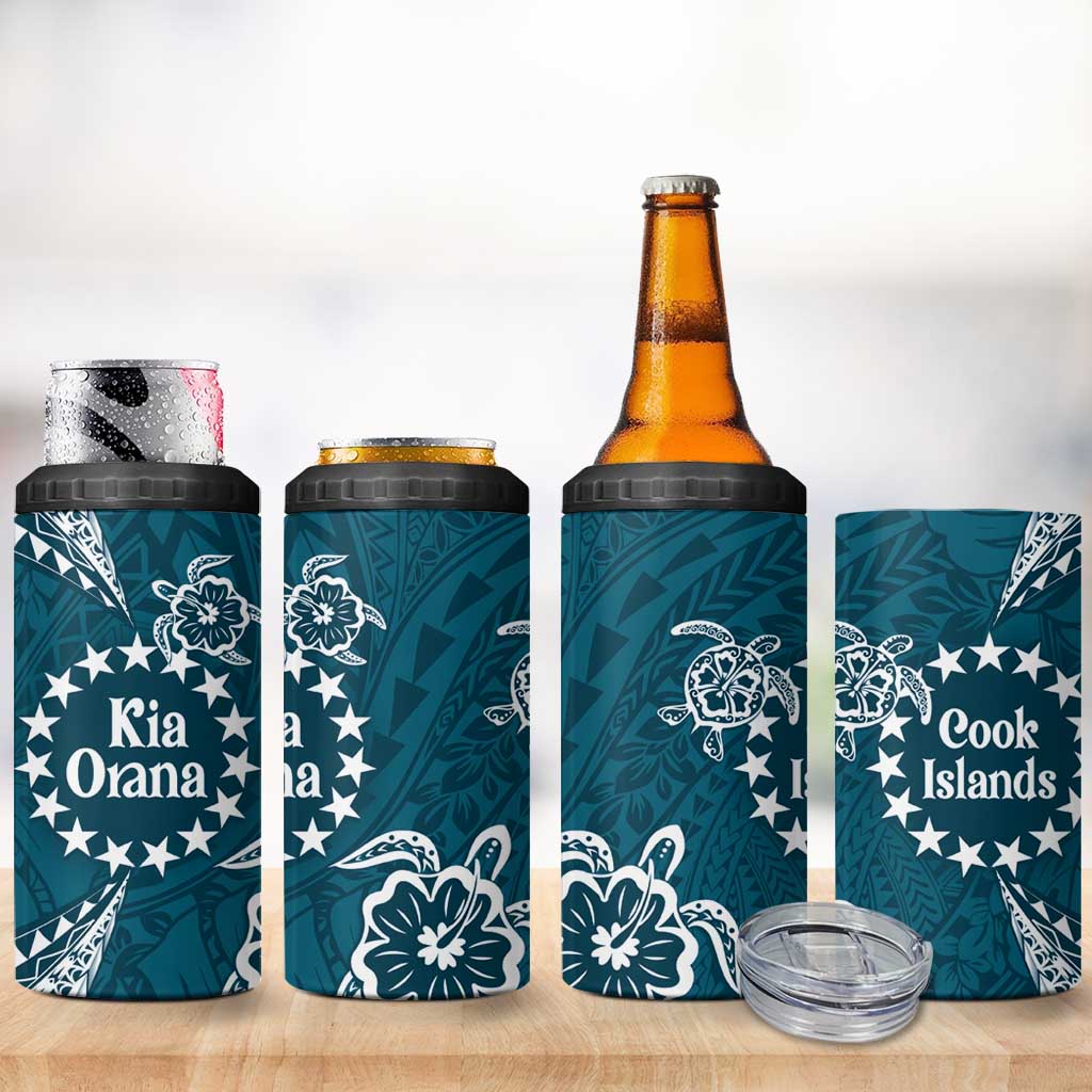 Kia Orana Cook Islands 4 in 1 Can Cooler Tumbler Polynesian Turtle Crowberry Blue Color