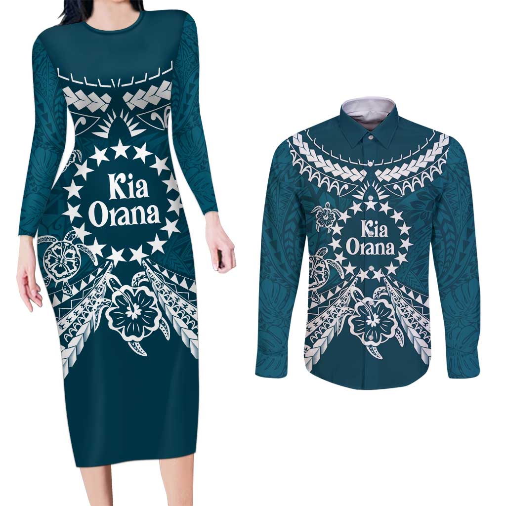 Kia Orana Cook Islands Couples Matching Long Sleeve Bodycon Dress and Long Sleeve Button Shirt Polynesian Turtle Crowberry Blue Color