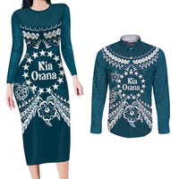 Kia Orana Cook Islands Couples Matching Long Sleeve Bodycon Dress and Long Sleeve Button Shirt Polynesian Turtle Crowberry Blue Color