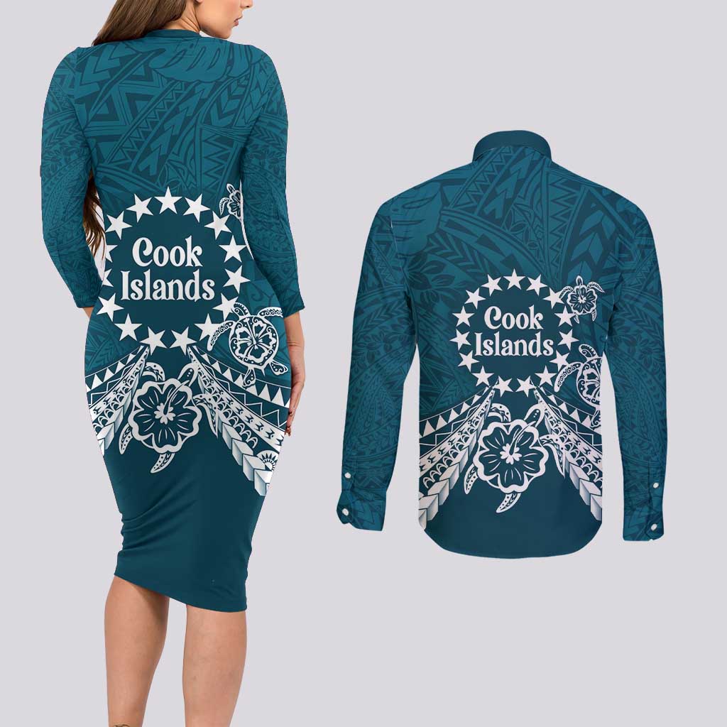 Kia Orana Cook Islands Couples Matching Long Sleeve Bodycon Dress and Long Sleeve Button Shirt Polynesian Turtle Crowberry Blue Color