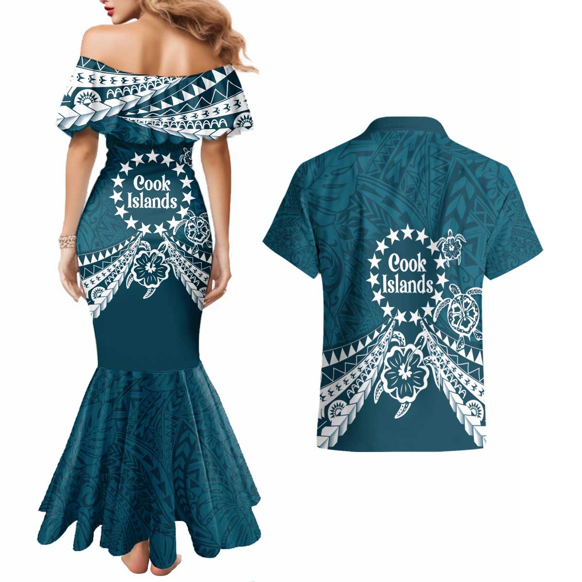 Kia Orana Cook Islands Couples Matching Mermaid Dress and Hawaiian Shirt Polynesian Turtle Crowberry Blue Color