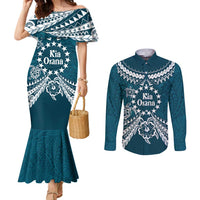 Kia Orana Cook Islands Couples Matching Mermaid Dress and Long Sleeve Button Shirt Polynesian Turtle Crowberry Blue Color