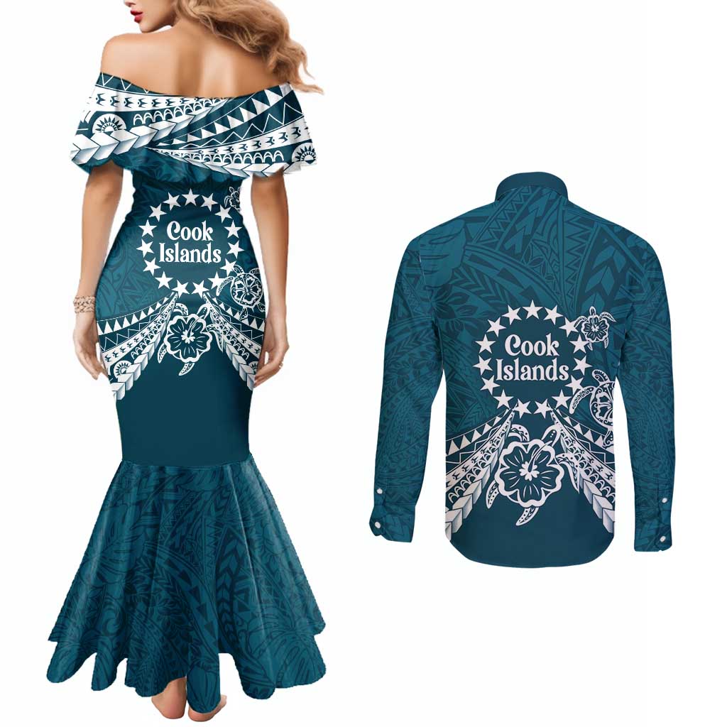 Kia Orana Cook Islands Couples Matching Mermaid Dress and Long Sleeve Button Shirt Polynesian Turtle Crowberry Blue Color