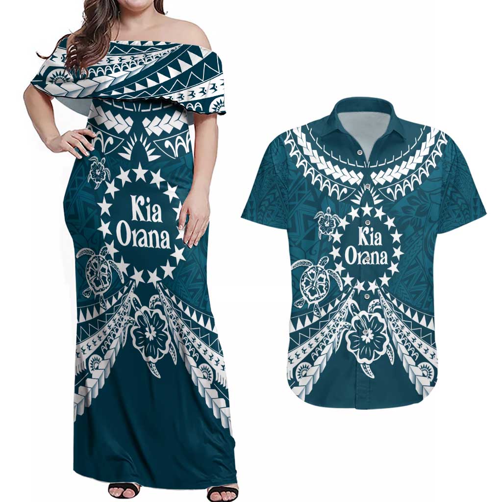 Kia Orana Cook Islands Couples Matching Off Shoulder Maxi Dress and Hawaiian Shirt Polynesian Turtle Crowberry Blue Color