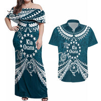 Kia Orana Cook Islands Couples Matching Off Shoulder Maxi Dress and Hawaiian Shirt Polynesian Turtle Crowberry Blue Color