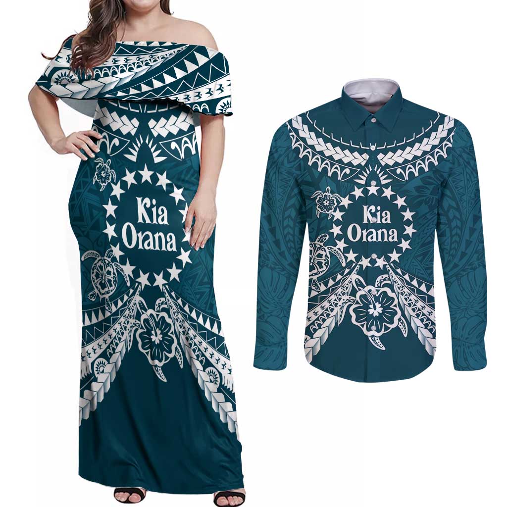 Kia Orana Cook Islands Couples Matching Off Shoulder Maxi Dress and Long Sleeve Button Shirt Polynesian Turtle Crowberry Blue Color