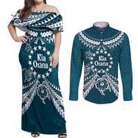Kia Orana Cook Islands Couples Matching Off Shoulder Maxi Dress and Long Sleeve Button Shirt Polynesian Turtle Crowberry Blue Color
