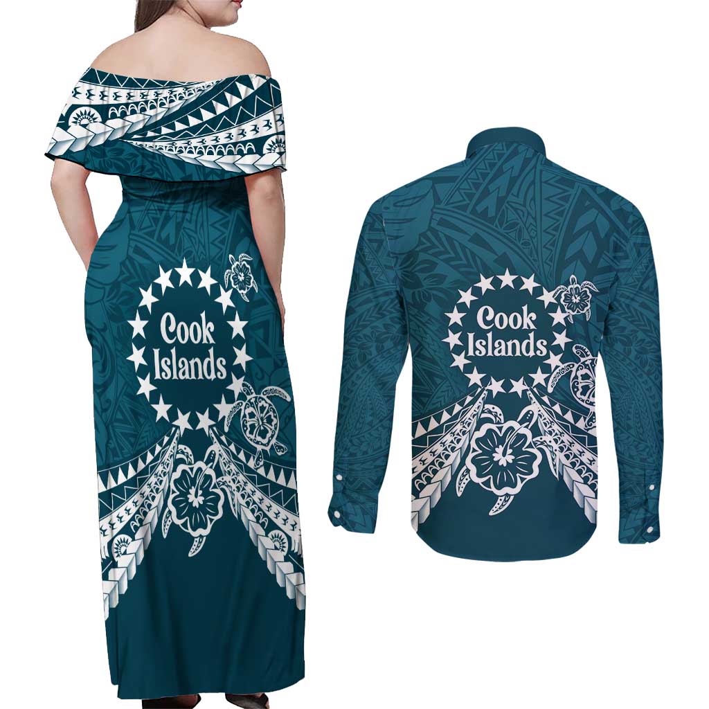Kia Orana Cook Islands Couples Matching Off Shoulder Maxi Dress and Long Sleeve Button Shirt Polynesian Turtle Crowberry Blue Color