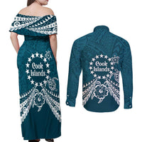Kia Orana Cook Islands Couples Matching Off Shoulder Maxi Dress and Long Sleeve Button Shirt Polynesian Turtle Crowberry Blue Color