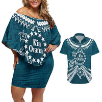 Kia Orana Cook Islands Couples Matching Off Shoulder Short Dress and Hawaiian Shirt Polynesian Turtle Crowberry Blue Color