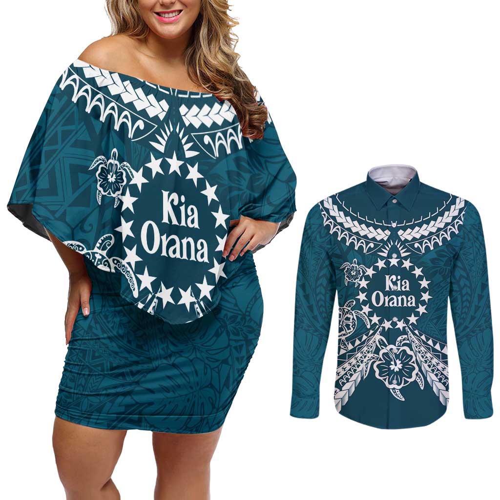 Kia Orana Cook Islands Couples Matching Off Shoulder Short Dress and Long Sleeve Button Shirt Polynesian Turtle Crowberry Blue Color