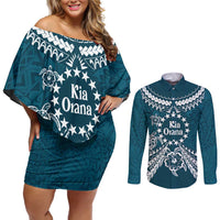 Kia Orana Cook Islands Couples Matching Off Shoulder Short Dress and Long Sleeve Button Shirt Polynesian Turtle Crowberry Blue Color