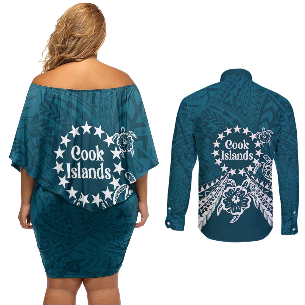 Kia Orana Cook Islands Couples Matching Off Shoulder Short Dress and Long Sleeve Button Shirt Polynesian Turtle Crowberry Blue Color