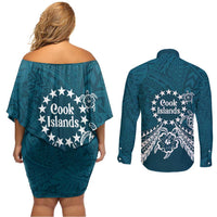 Kia Orana Cook Islands Couples Matching Off Shoulder Short Dress and Long Sleeve Button Shirt Polynesian Turtle Crowberry Blue Color