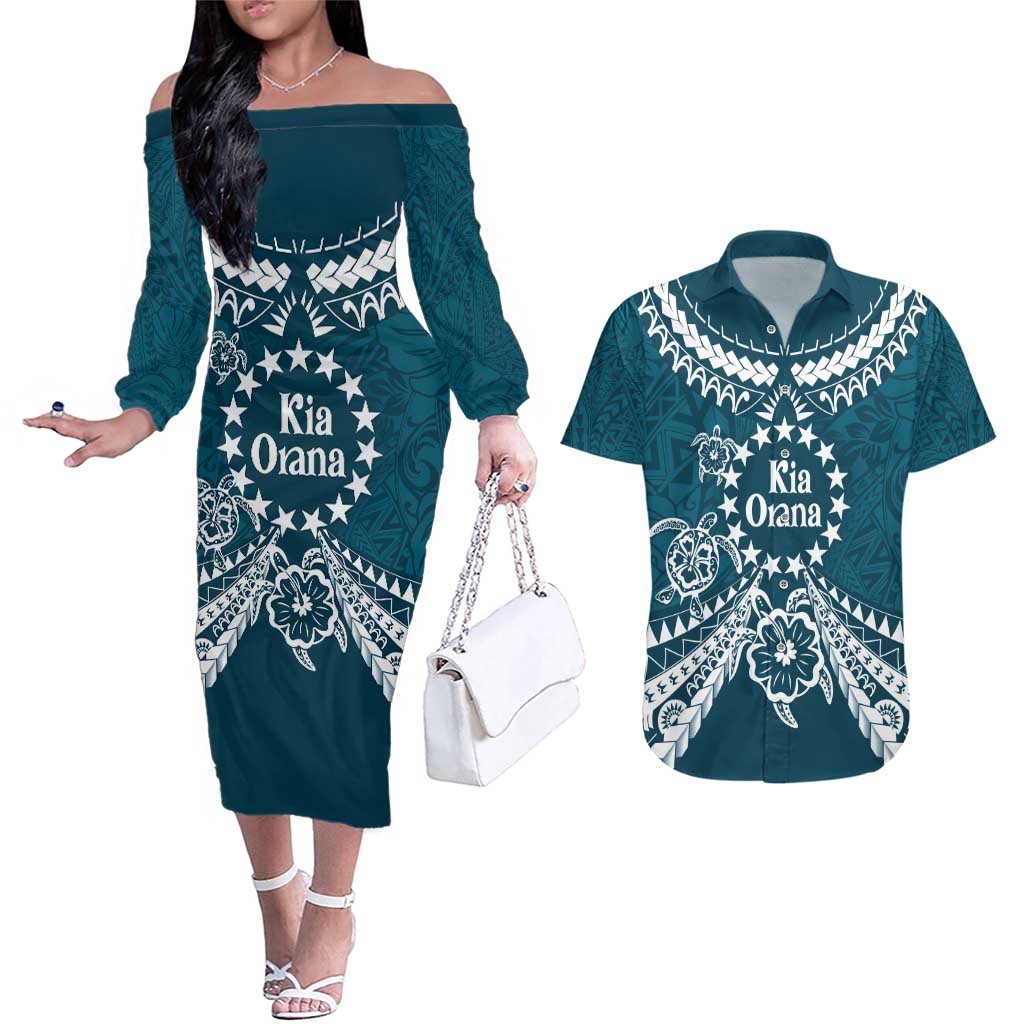 Kia Orana Cook Islands Couples Matching Off The Shoulder Long Sleeve Dress and Hawaiian Shirt Polynesian Turtle Crowberry Blue Color