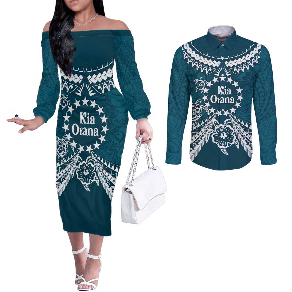 Kia Orana Cook Islands Couples Matching Off The Shoulder Long Sleeve Dress and Long Sleeve Button Shirt Polynesian Turtle Crowberry Blue Color