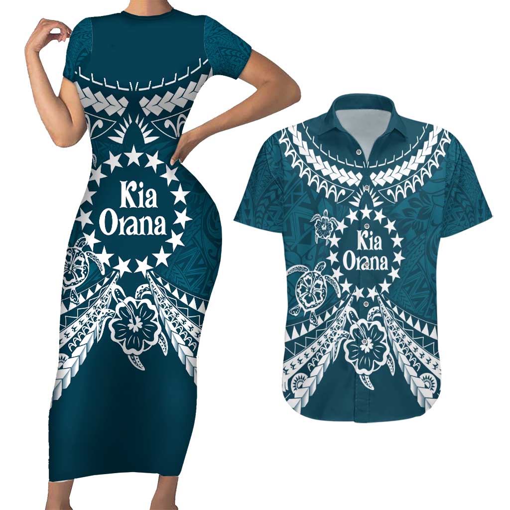Kia Orana Cook Islands Couples Matching Short Sleeve Bodycon Dress and Hawaiian Shirt Polynesian Turtle Crowberry Blue Color
