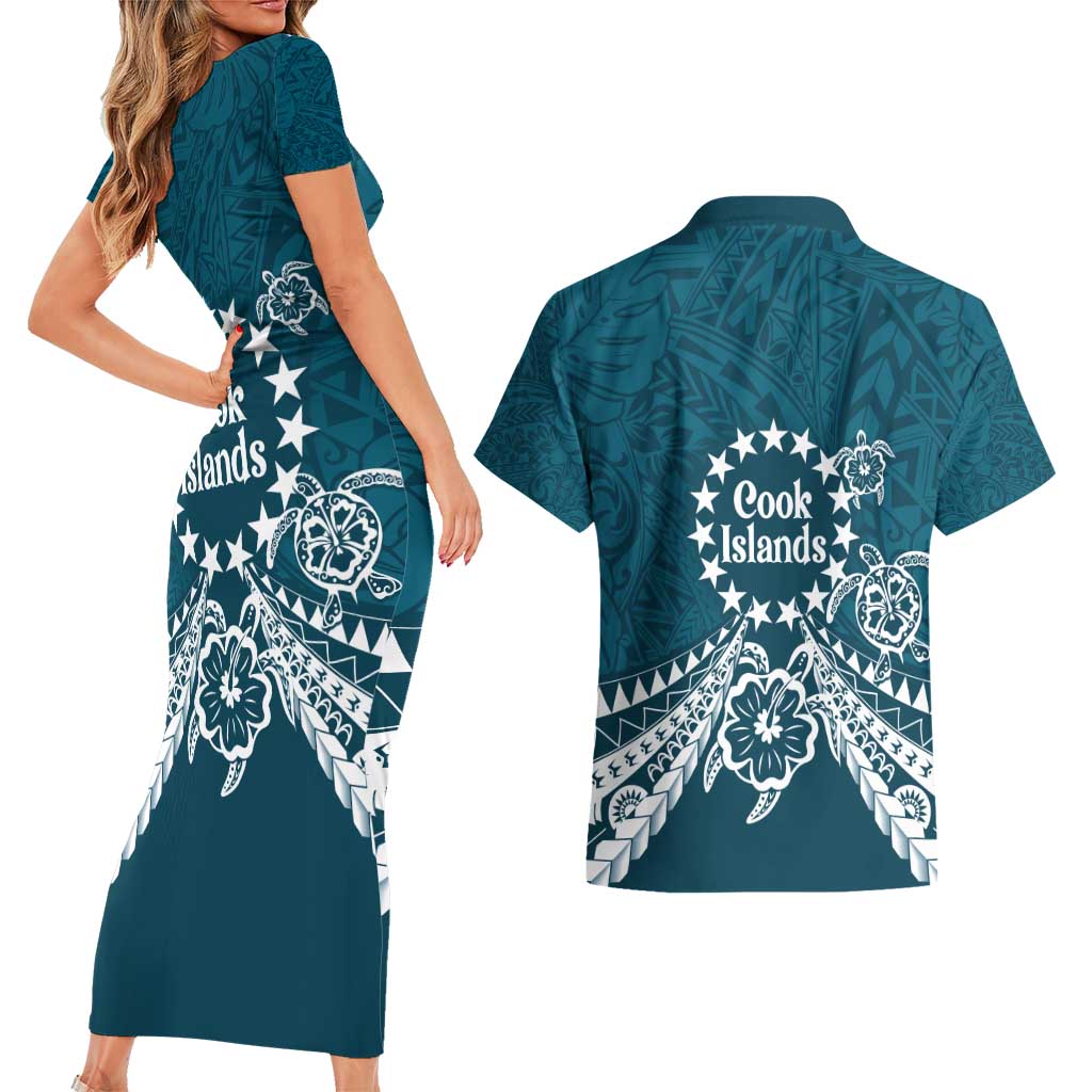 Kia Orana Cook Islands Couples Matching Short Sleeve Bodycon Dress and Hawaiian Shirt Polynesian Turtle Crowberry Blue Color