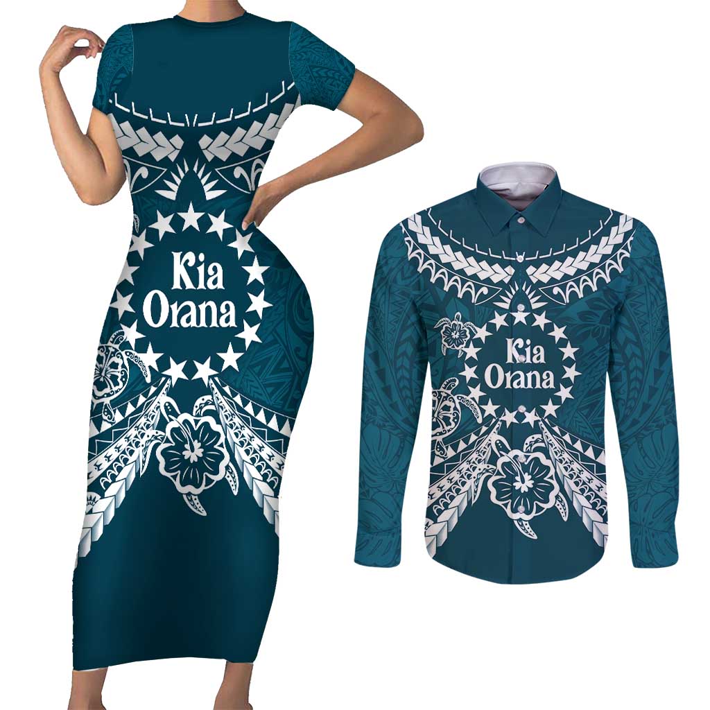 Kia Orana Cook Islands Couples Matching Short Sleeve Bodycon Dress and Long Sleeve Button Shirt Polynesian Turtle Crowberry Blue Color