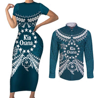 Kia Orana Cook Islands Couples Matching Short Sleeve Bodycon Dress and Long Sleeve Button Shirt Polynesian Turtle Crowberry Blue Color