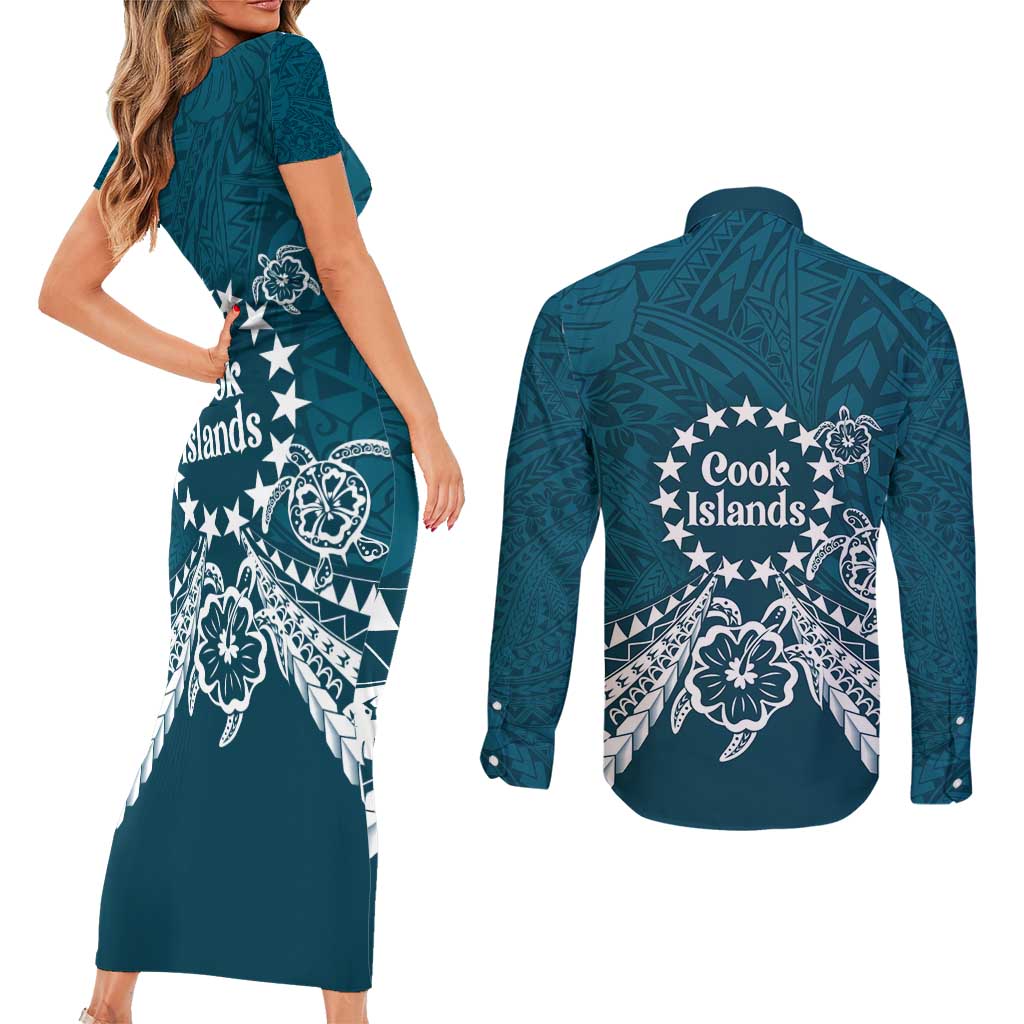 Kia Orana Cook Islands Couples Matching Short Sleeve Bodycon Dress and Long Sleeve Button Shirt Polynesian Turtle Crowberry Blue Color