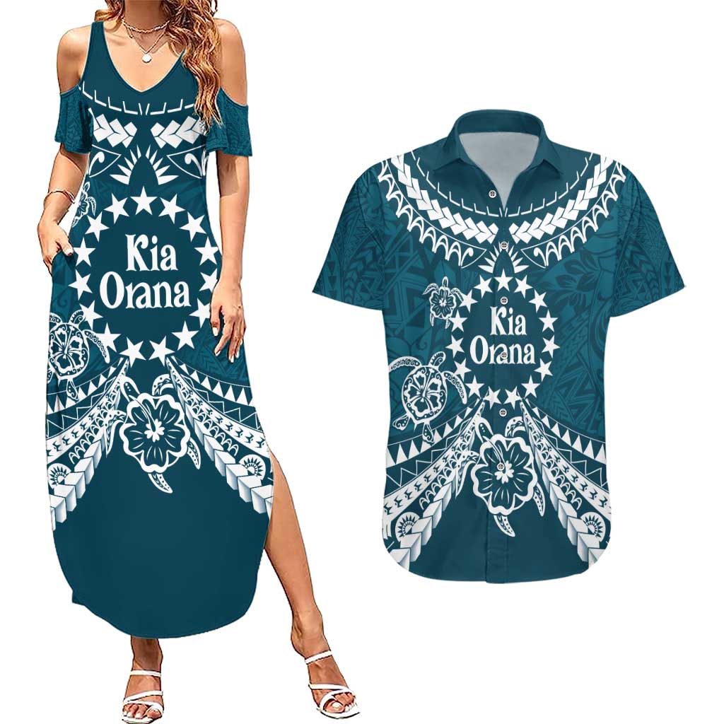 Kia Orana Cook Islands Couples Matching Summer Maxi Dress and Hawaiian Shirt Polynesian Turtle Crowberry Blue Color