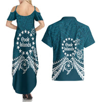 Kia Orana Cook Islands Couples Matching Summer Maxi Dress and Hawaiian Shirt Polynesian Turtle Crowberry Blue Color
