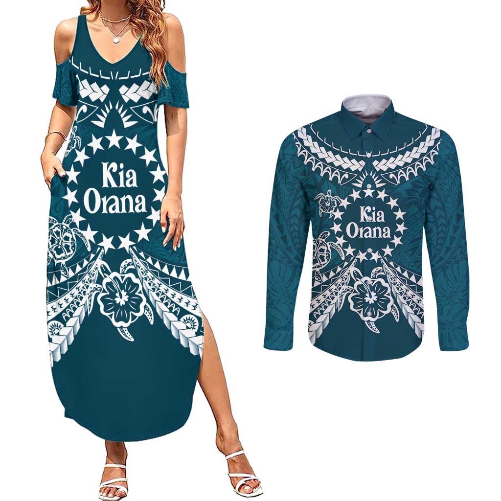 Kia Orana Cook Islands Couples Matching Summer Maxi Dress and Long Sleeve Button Shirt Polynesian Turtle Crowberry Blue Color