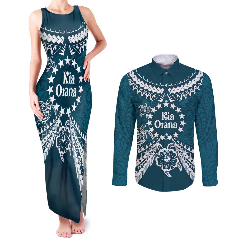 Kia Orana Cook Islands Couples Matching Tank Maxi Dress and Long Sleeve Button Shirt Polynesian Turtle Crowberry Blue Color
