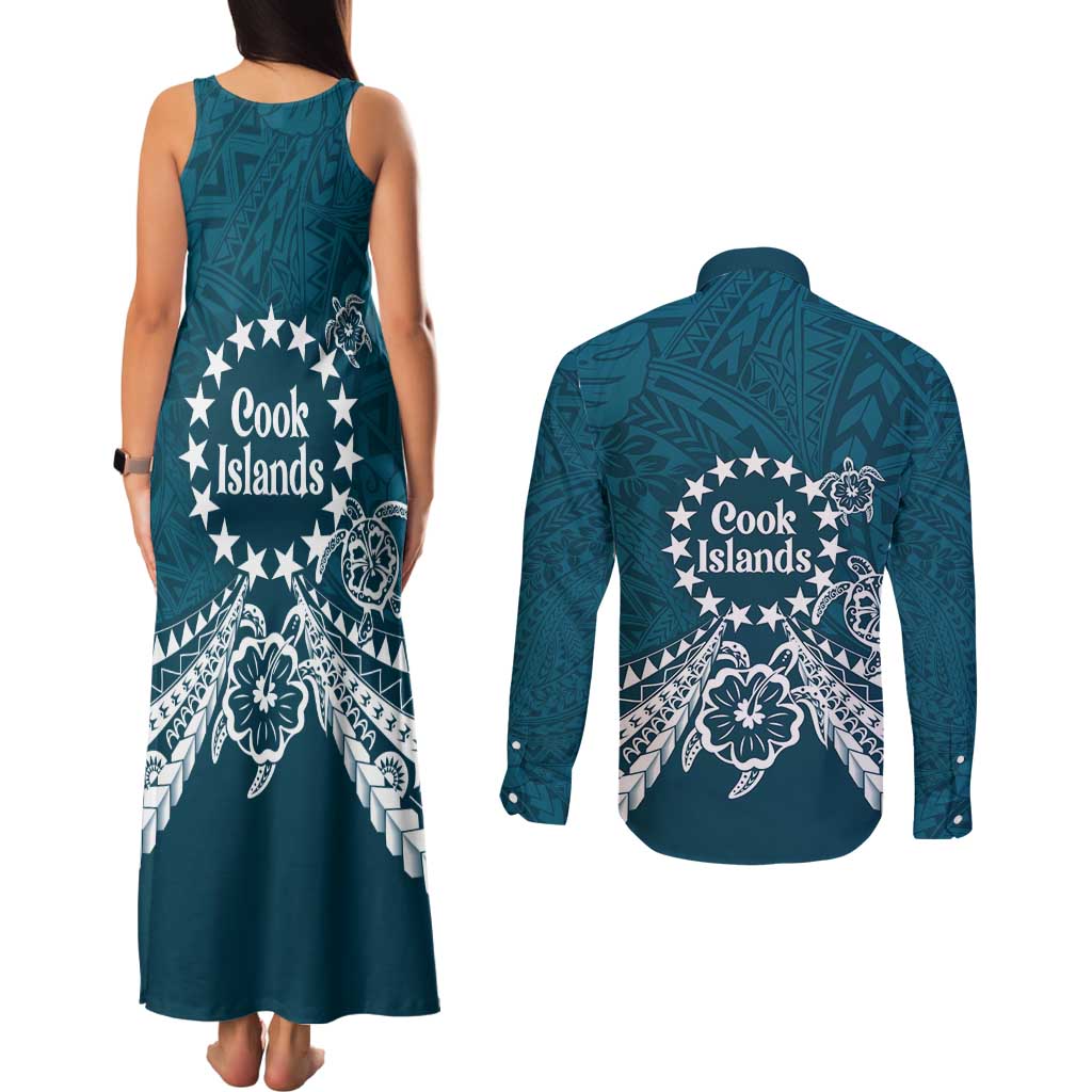 Kia Orana Cook Islands Couples Matching Tank Maxi Dress and Long Sleeve Button Shirt Polynesian Turtle Crowberry Blue Color