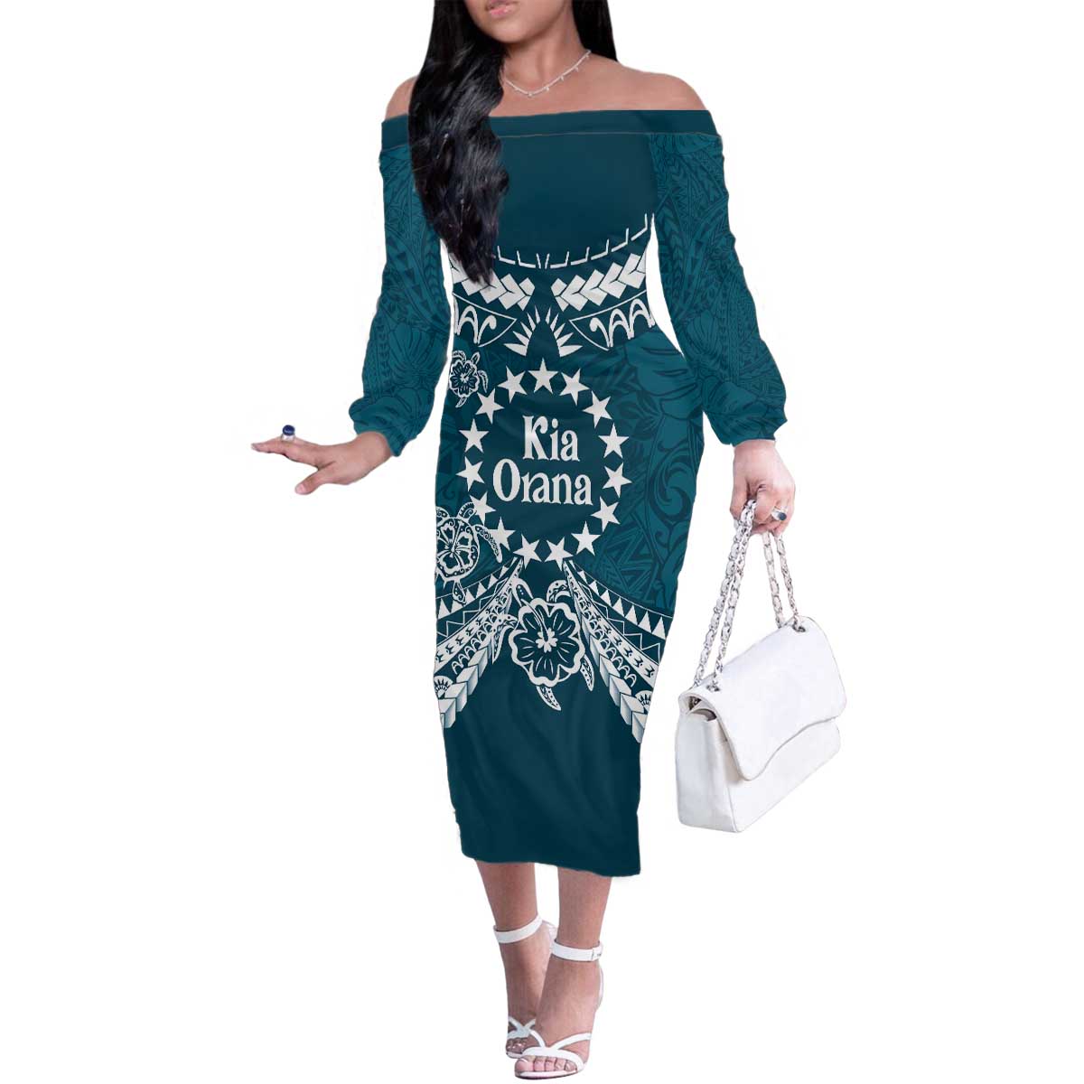 Kia Orana Cook Islands Family Matching Off The Shoulder Long Sleeve Dress and Hawaiian Shirt Polynesian Turtle Crowberry Blue Color